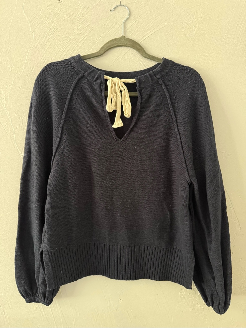 J.Crew Navy Tie Neck Cotton Sweater XS Balloon Sleeve Lightweight Pullover